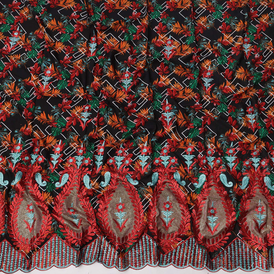 Black Cotton Fabric with Multicolor Floral Print and Red Embroidered Border Design, 3 Meters Piece, 140 Cms Width, Made in India-D23706