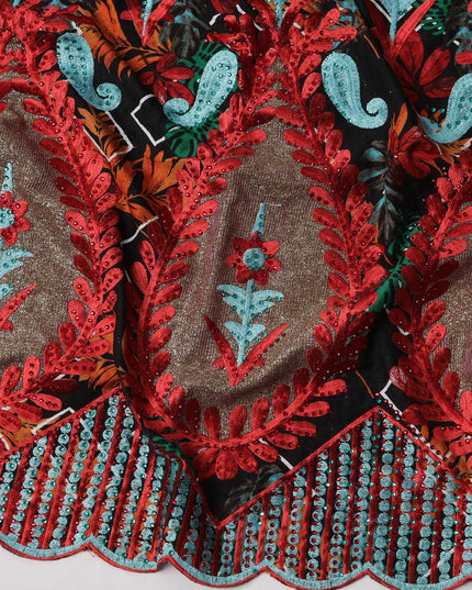 Black Cotton Fabric with Multicolor Floral Print and Red Embroidered Border Design, 3 Meters Piece, 140 Cms Width, Made in India-D23706