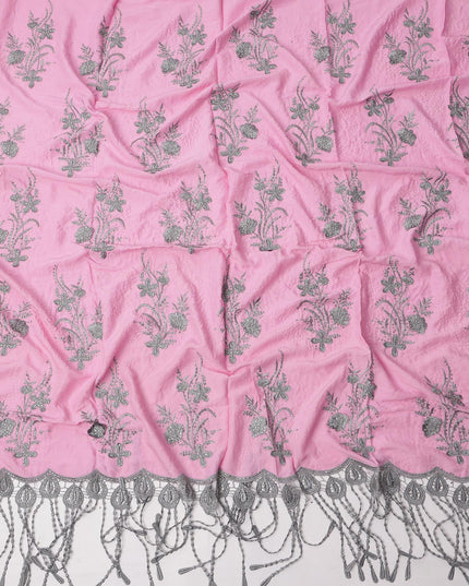 Pink Cotton Fabric with Silver Floral Embroidery and Tassel Border, 3 Meters Piece, 140 Cms Width, Made in India-D23707 - Regal Fabrics
