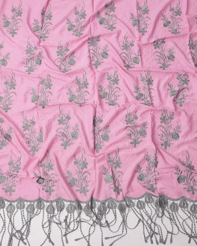 Pink Cotton Fabric with Silver Floral Embroidery and Tassel Border, 3 Meters Piece, 140 Cms Width, Made in India-D23707 - Regal Fabrics