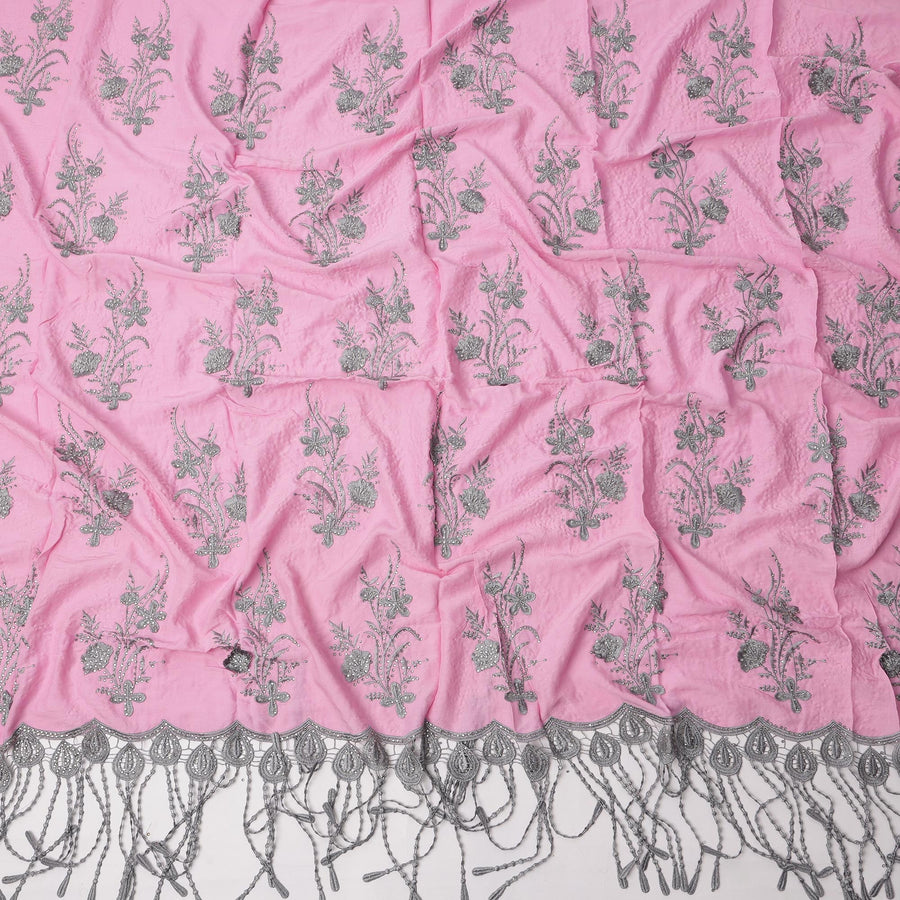 Pink Cotton Fabric with Silver Floral Embroidery and Tassel Border, 3 Meters Piece, 140 Cms Width, Made in India-D23707 - Regal Fabrics