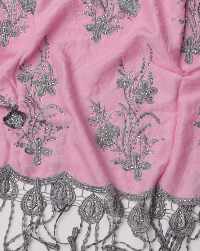 Pink Cotton Fabric with Silver Floral Embroidery and Tassel Border, 3 Meters Piece, 140 Cms Width, Made in India-D23707 - Regal Fabrics