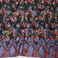 Black Base Multicolor Floral Print Cotton Fabric with Blue Embroidery and Heavy Ornamental Teardrop Border, 140 Cms Width, Made in India – 3 Meters Piece-D23708