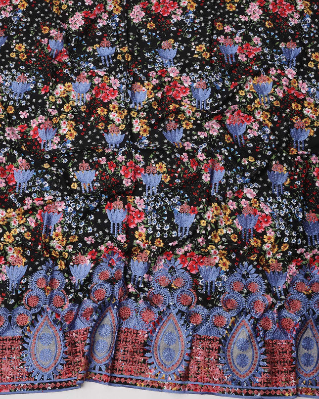 Black Base Multicolor Floral Print Cotton Fabric with Blue Embroidery and Heavy Ornamental Teardrop Border, 140 Cms Width, Made in India – 3 Meters Piece-D23708