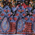 Black Base Multicolor Floral Print Cotton Fabric with Blue Embroidery and Heavy Ornamental Teardrop Border, 140 Cms Width, Made in India – 3 Meters Piece-D23708