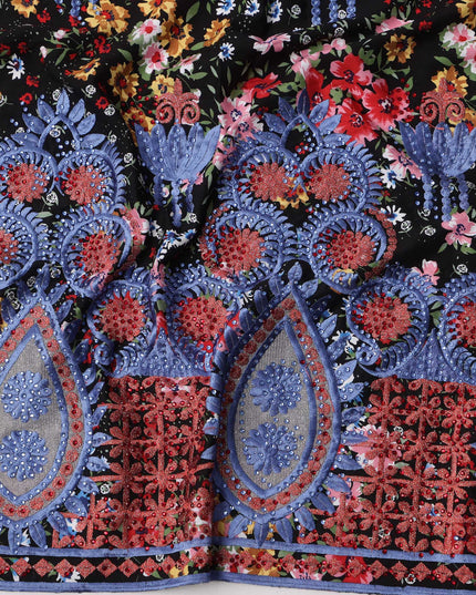 Black Base Multicolor Floral Print Cotton Fabric with Blue Embroidery and Heavy Ornamental Teardrop Border, 140 Cms Width, Made in India – 3 Meters Piece-D23708