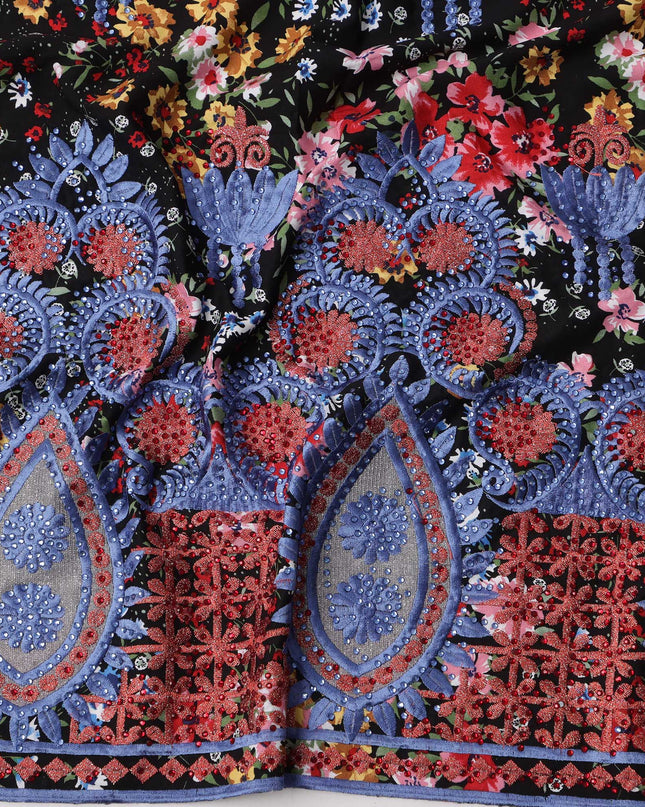 Black Base Multicolor Floral Print Cotton Fabric with Blue Embroidery and Heavy Ornamental Teardrop Border, 140 Cms Width, Made in India – 3 Meters Piece-D23708