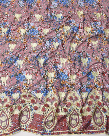 Dusty Rose Cotton Fabric with Multicolor Floral Print and Embroidered Butta & Border, 3 Meters Piece, 140 Cms Width, Made in India-D23709