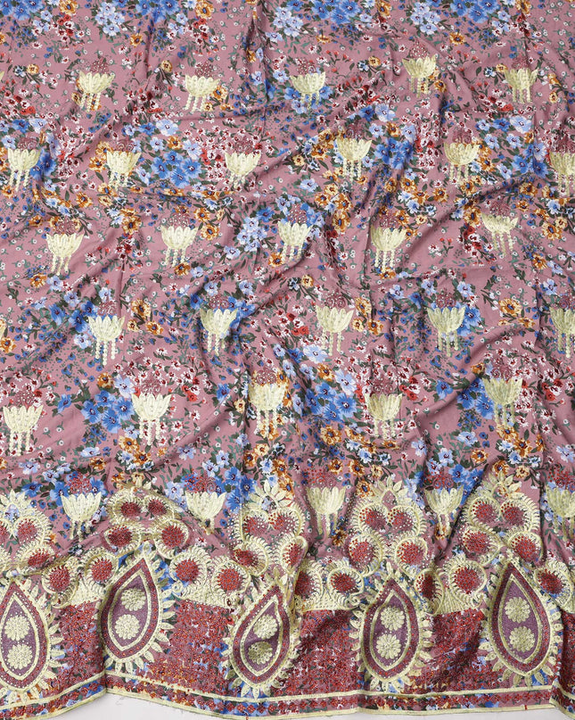 Dusty Rose Cotton Fabric with Multicolor Floral Print and Embroidered Butta & Border, 3 Meters Piece, 140 Cms Width, Made in India-D23709 - Regal Fabrics