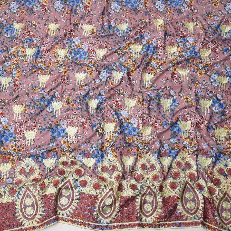 Dusty Rose Cotton Fabric with Multicolor Floral Print and Embroidered Butta & Border, 3 Meters Piece, 140 Cms Width, Made in India-D23709