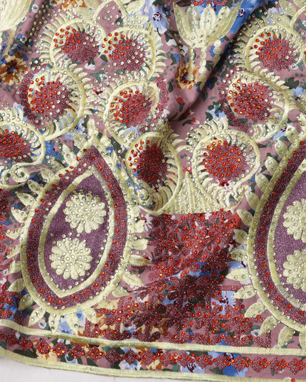 Dusty Rose Cotton Fabric with Multicolor Floral Print and Embroidered Butta & Border, 3 Meters Piece, 140 Cms Width, Made in India-D23709