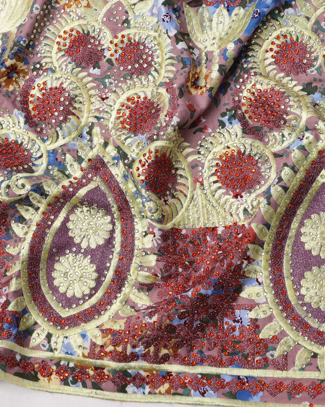 Dusty Rose Cotton Fabric with Multicolor Floral Print and Embroidered Butta & Border, 3 Meters Piece, 140 Cms Width, Made in India-D23709 - Regal Fabrics