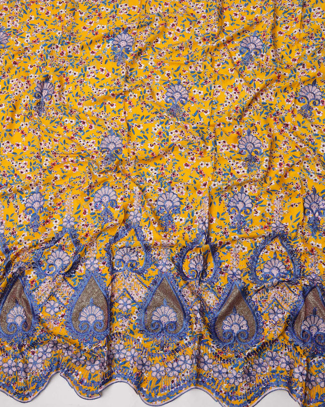 Yellow Base Floral Printed Cotton Fabric with Blue Embroidery and Metallic Teardrop Border, 140 Cms Width, Made in India – 3 Meters Piece-D23710 - Regal Fabrics