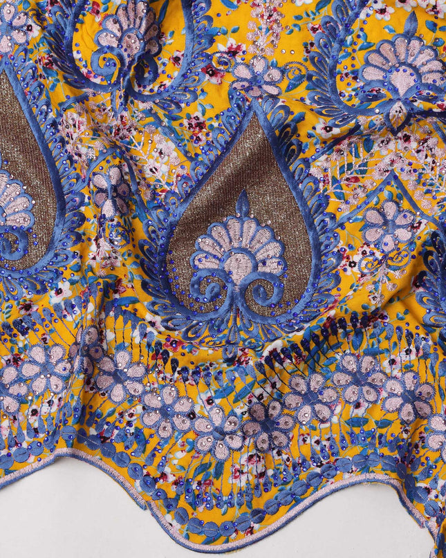 Yellow Base Floral Printed Cotton Fabric with Blue Embroidery and Metallic Teardrop Border, 140 Cms Width, Made in India – 3 Meters Piece-D23710 - Regal Fabrics
