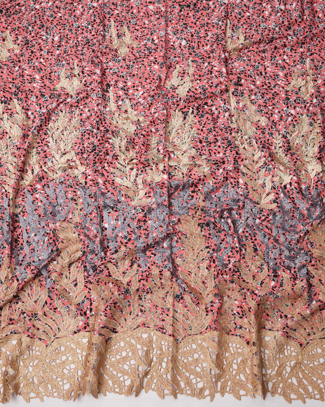 Multicolor Coral and Black Printed Cotton Fabric with Gold Leaf Embroidery and Cutwork Border, 140 Cms Width, Made in India – 3 Meters Piece-D23711 - Regal Fabrics