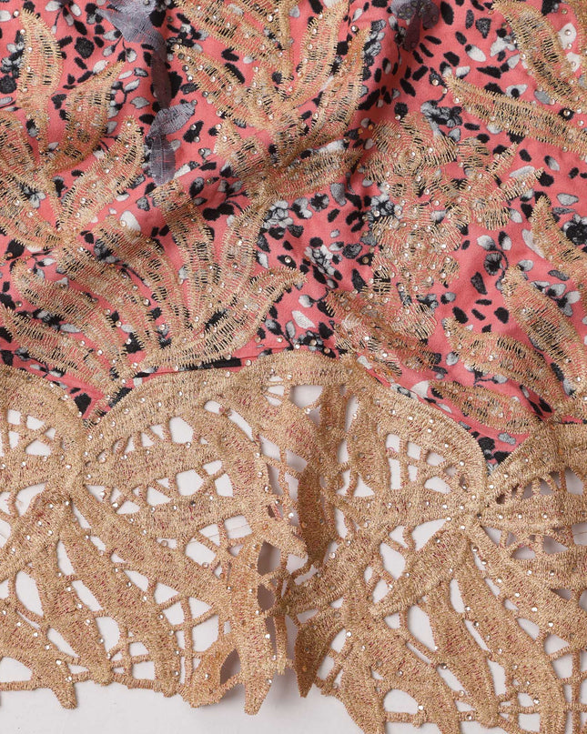 Multicolor Coral and Black Printed Cotton Fabric with Gold Leaf Embroidery and Cutwork Border, 140 Cms Width, Made in India – 3 Meters Piece-D23711 - Regal Fabrics