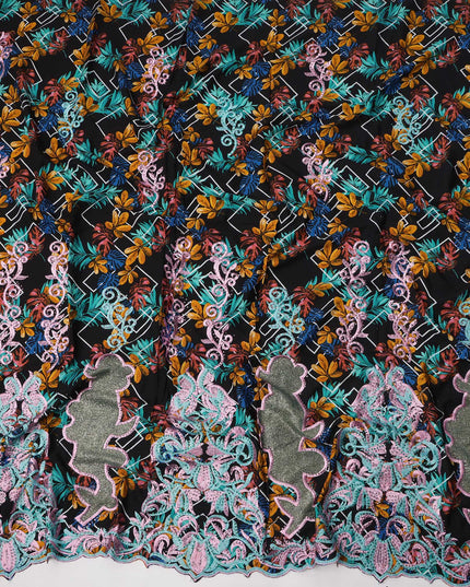 Black Base Multicolor Leaf Print with Vibrant Thread Embroidery and Abstract Motif Border Cotton Fabric, 140 Cms Width, Made in India – 3 Meters Piece-D23712