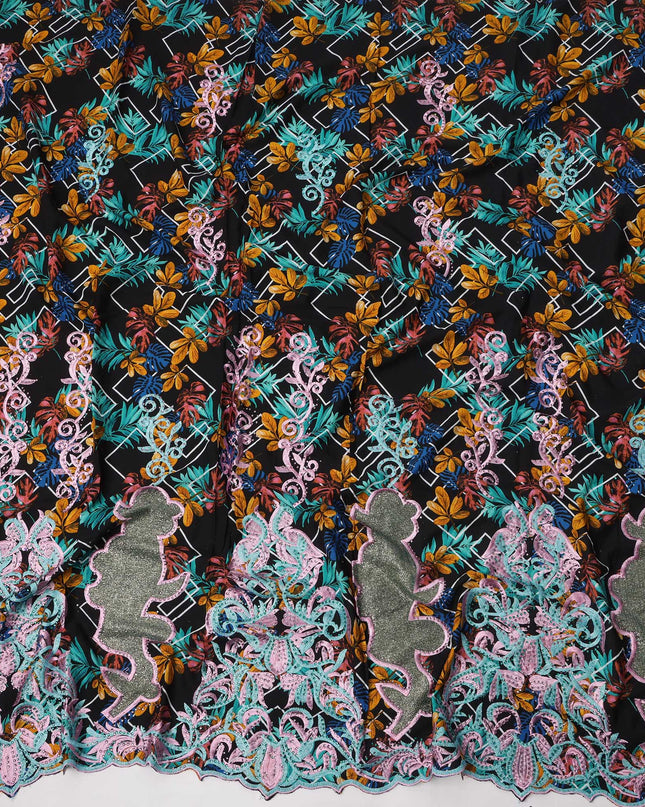 Black Base Multicolor Leaf Print with Vibrant Thread Embroidery and Abstract Motif Border Cotton Fabric, 140 Cms Width, Made in India – 3 Meters Piece-D23712