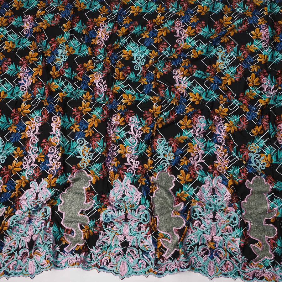 Black Base Multicolor Leaf Print with Vibrant Thread Embroidery and Abstract Motif Border Cotton Fabric, 140 Cms Width, Made in India – 3 Meters Piece-D23712