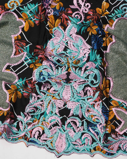 Black Base Multicolor Leaf Print with Vibrant Thread Embroidery and Abstract Motif Border Cotton Fabric, 140 Cms Width, Made in India – 3 Meters Piece-D23712