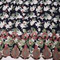 Navy Blue Cotton Fabric with White and Red Floral Print and Green-Red Embroidered Border, 3 Meters Piece, 140 Cms Width, Made in India-D23713