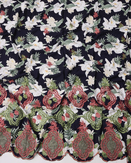 Navy Blue Cotton Fabric with White and Red Floral Print and Green-Red Embroidered Border, 3 Meters Piece, 140 Cms Width, Made in India-D23713