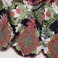Navy Blue Cotton Fabric with White and Red Floral Print and Green-Red Embroidered Border, 3 Meters Piece, 140 Cms Width, Made in India-D23713