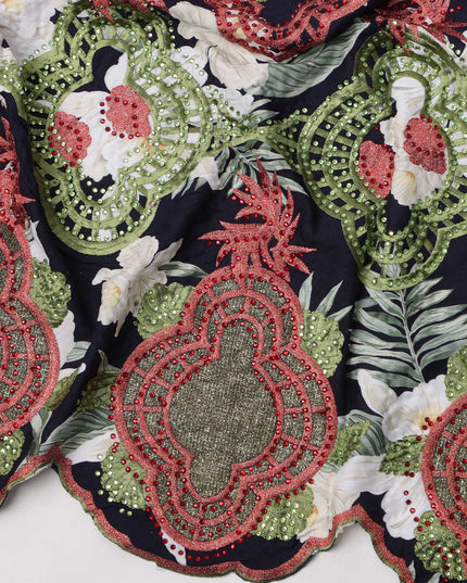 Navy Blue Cotton Fabric with White and Red Floral Print and Green-Red Embroidered Border, 3 Meters Piece, 140 Cms Width, Made in India-D23713