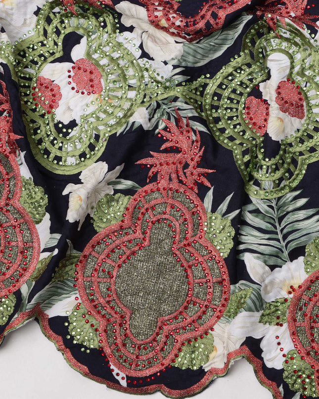Navy Blue Cotton Fabric with White and Red Floral Print and Green-Red Embroidered Border, 3 Meters Piece, 140 Cms Width, Made in India-D23713 - Regal Fabrics