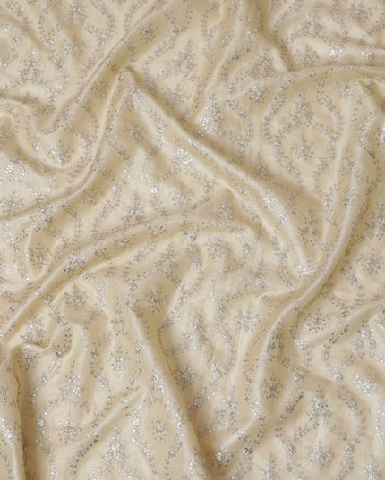 Luxurious beige Tussar Silk Fabric with Silver Zari Embroidery, 110cm Wide-D18967