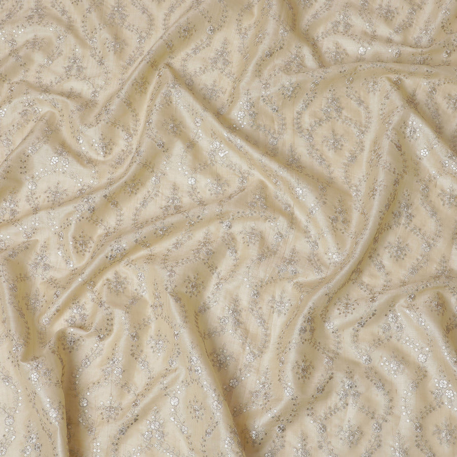 Luxurious beige Tussar Silk Fabric with Silver Zari Embroidery, 110cm Wide-D18967