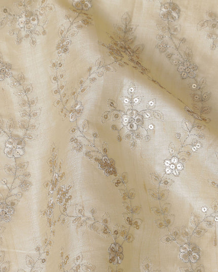 Luxurious beige Tussar Silk Fabric with Silver Zari Embroidery, 110cm Wide-D18967
