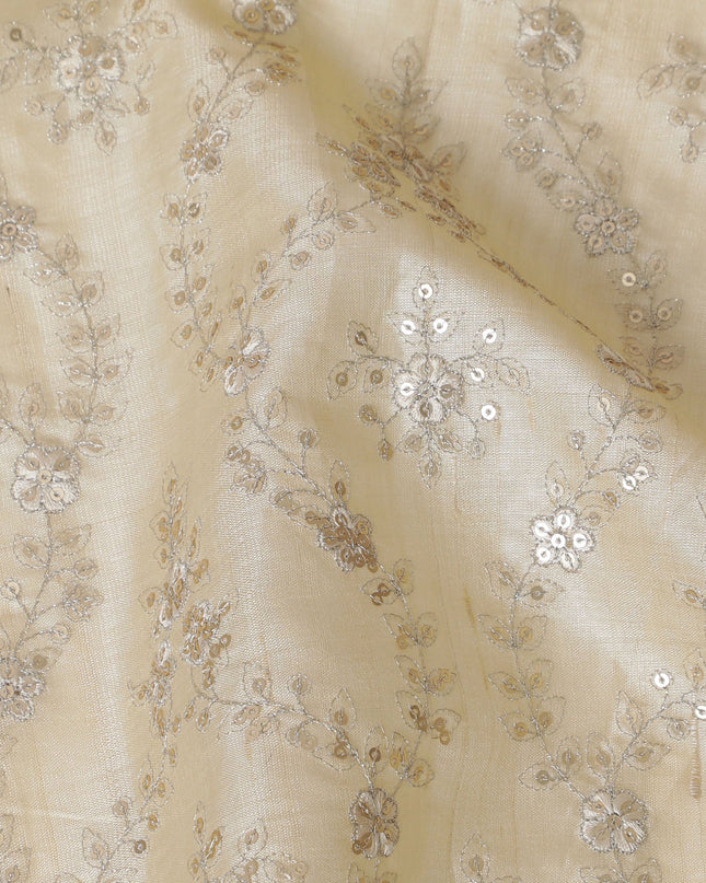 Luxurious beige Tussar Silk Fabric with Silver Zari Embroidery, 110cm Wide-D18967