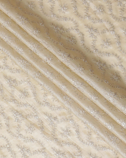 Luxurious beige Tussar Silk Fabric with Silver Zari Embroidery, 110cm Wide-D18967