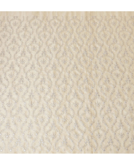 Luxurious beige Tussar Silk Fabric with Silver Zari Embroidery, 110cm Wide-D18967