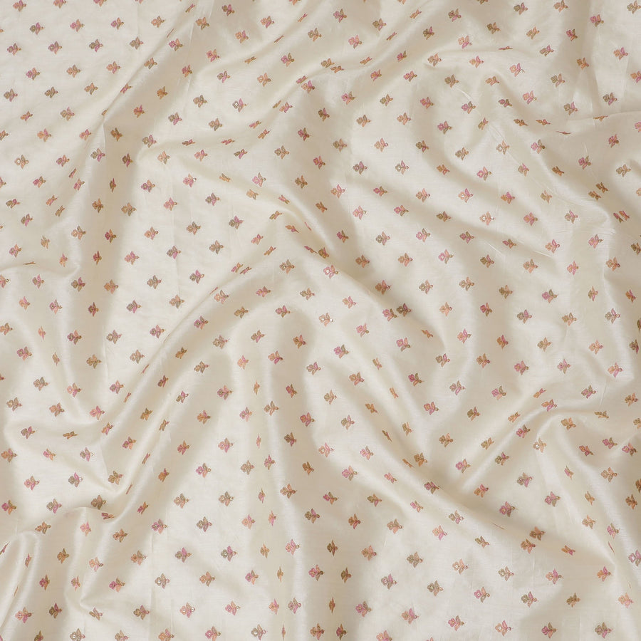 قماش حرير توسار ساحر باللون الأبيض الفاتح مع طباعة زهور وردية صغيرة، عرض 110 سم -D18968