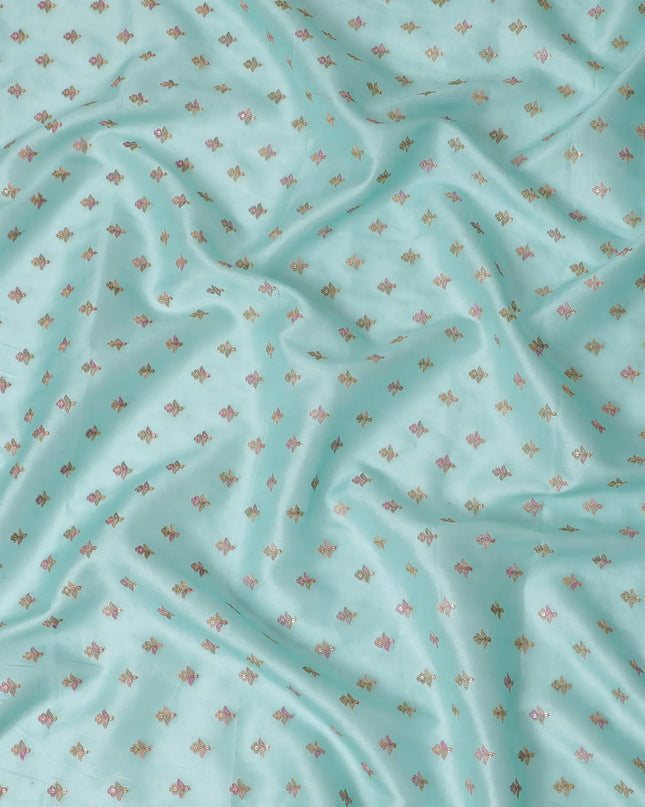 Elegant Tussar Silk Fabric in Aqua with Golden Embroidered Butterflies, 110 cm Width â€“ Luxurious Indian Textile-D18970 Regal Fabrics