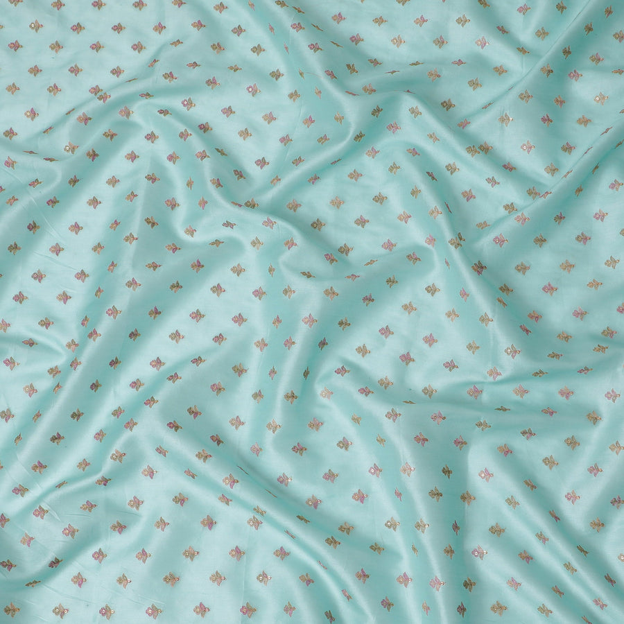 Elegant Tussar Silk Fabric in Aqua with Golden Embroidered Butterflies, 110 cm Width â€“ Luxurious Indian Textile-D18970