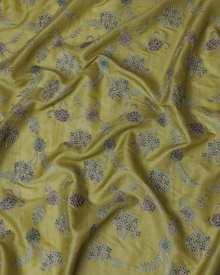 Sophisticated Olive Green Tussar Silk Fabric with Silver Floral Embroidery, 110 cm Width - Exquisite Indian Weave