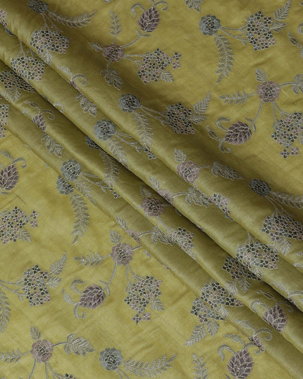 Sophisticated Olive Green Tussar Silk Fabric with Silver Floral Embroidery, 110 cm Width - Exquisite Indian Weave