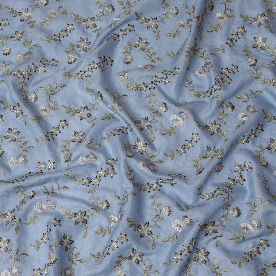Classic Cornflower Blue Tussar Silk Fabric with Elegant Silver Floral Embroidery, 110 cm Width â€“ Refined Indian Textile-D18973