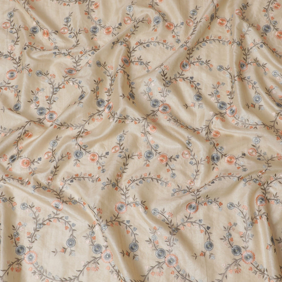 Natural Tussar Silk Fabric with Rustic Floral Embroidery, 110 cm Wide â€“ Timeless Indian Elegance in Cream-D18974