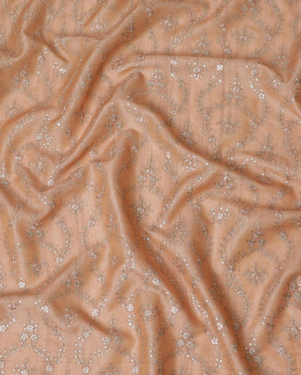 Shimmering Apricot Tussar Silk Fabric with Silver Sequin Embellishments, 110 cm Wide – Luxurious Indian Textile