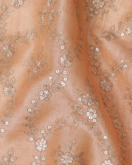 Shimmering Apricot Tussar Silk Fabric with Silver Sequin Embellishments, 110 cm Wide – Luxurious Indian Textile