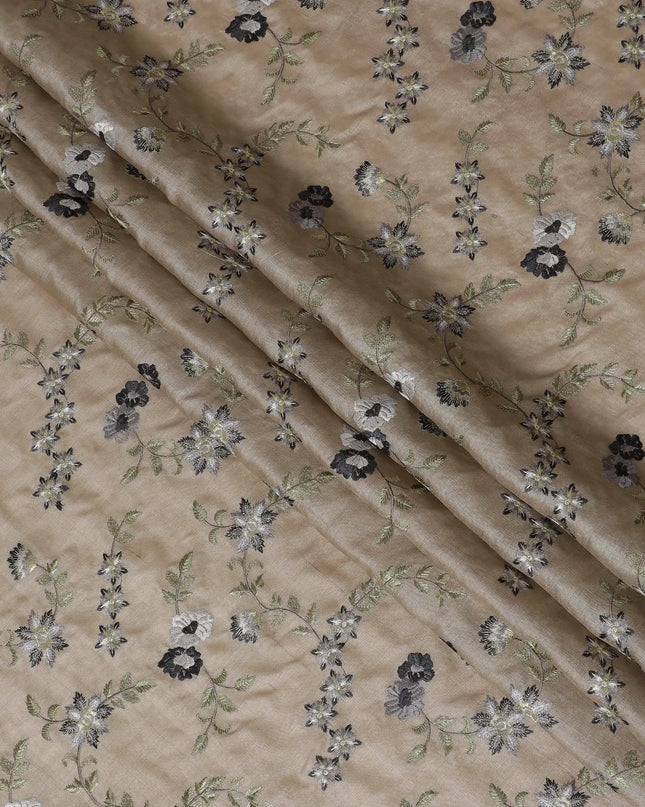 Elegant Taupe Tussar Silk Fabric with Black and Silver Floral Embroidery, 110 cm Wide â€“ Classic Indian Weave-D18976 Regal Fabrics