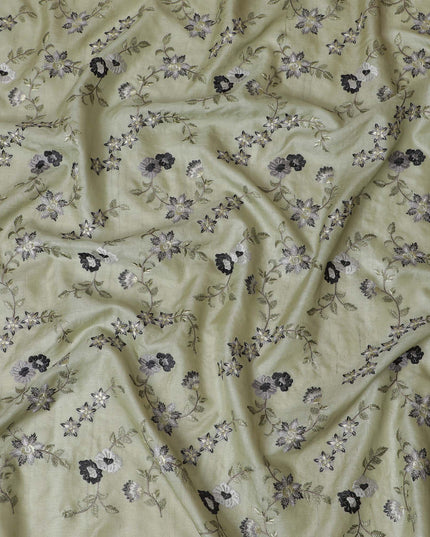 Sublime Sage Green Tussar Silk Fabric with Monochrome Floral Embroidery, 110 cm Wide – Indian Heritage Textile