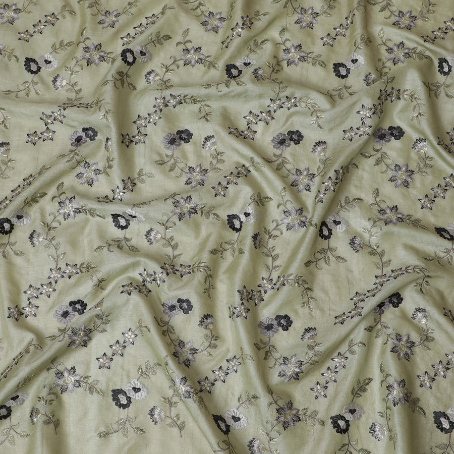 قماش حرير توسار أخضر اللون مع تطريز زهور أحادية اللون، بعرض 110 سم - نسيج التراث الهندي-D18977