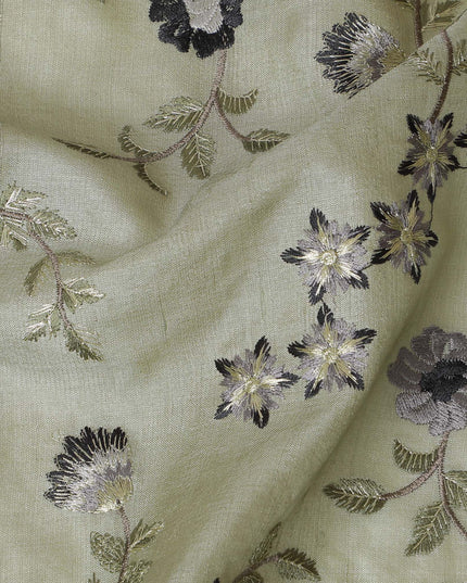 Sublime Sage Green Tussar Silk Fabric with Monochrome Floral Embroidery, 110 cm Wide – Indian Heritage Textile