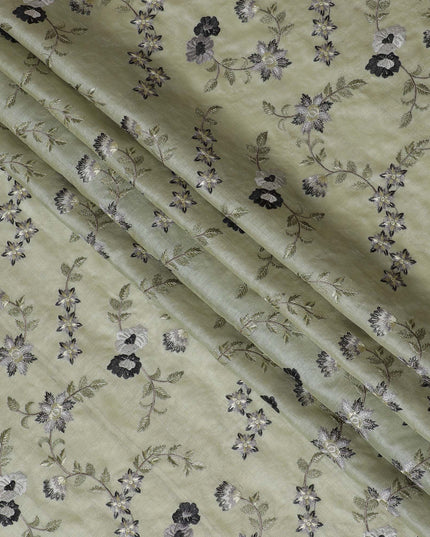 Sublime Sage Green Tussar Silk Fabric with Monochrome Floral Embroidery, 110 cm Wide – Indian Heritage Textile