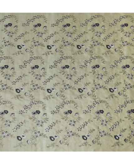 Sublime Sage Green Tussar Silk Fabric with Monochrome Floral Embroidery, 110 cm Wide – Indian Heritage Textile